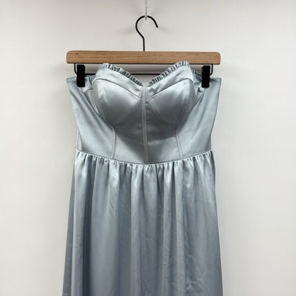 Revelry Valentina Satin Strapless Sweetheart A-Line Ruffle Maxi Dress Sky Blue 8 - Picture 4 of 9